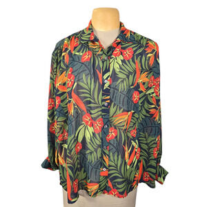 Women's Tropical Floral Leaf Button Down Blouse Shirt Long Sleeve Sheer XL Flowy